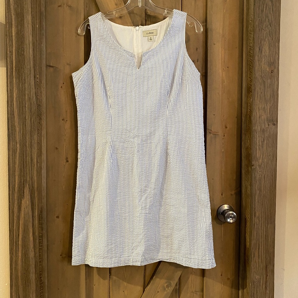 L.L. Bean Seersucker
Sleeveless Shift Dress Blue & White Striped Size 10 Pet